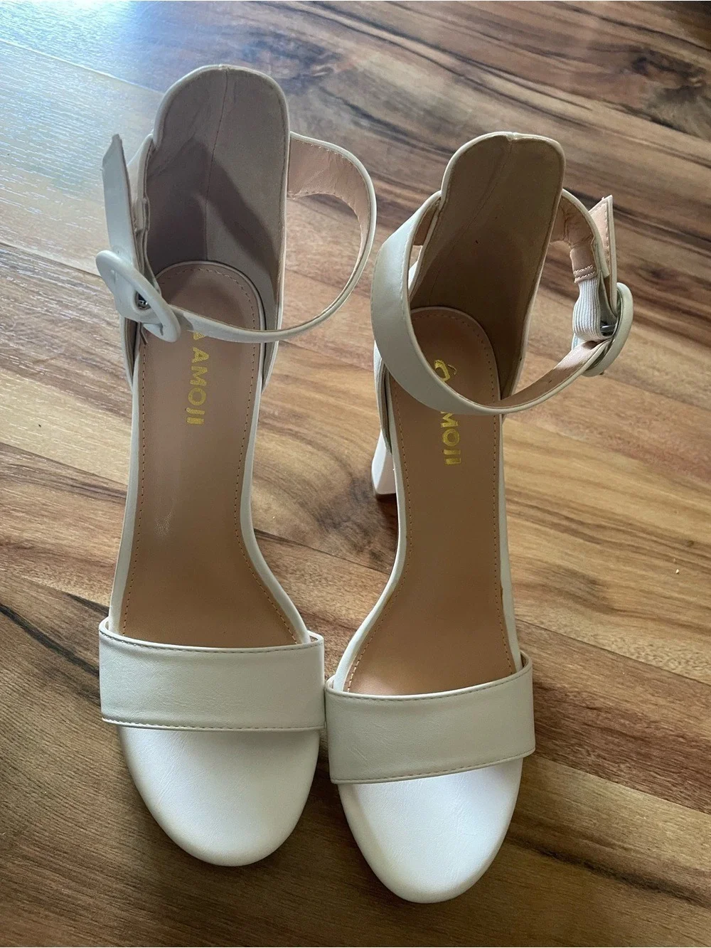 White Block Heel Ankle-Strap Sandals